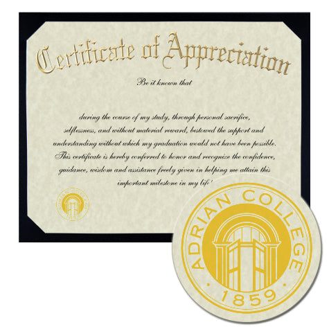 Adrian College Certificate of Appreciation