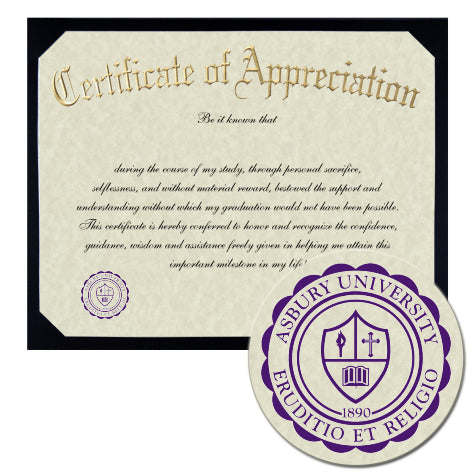 Asbury University Certificate of Appreciation