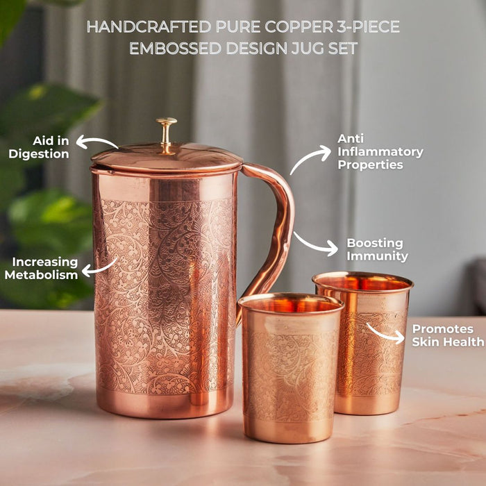 Ayurvedic Embossed 3-Piece Pure Copper Jug Set