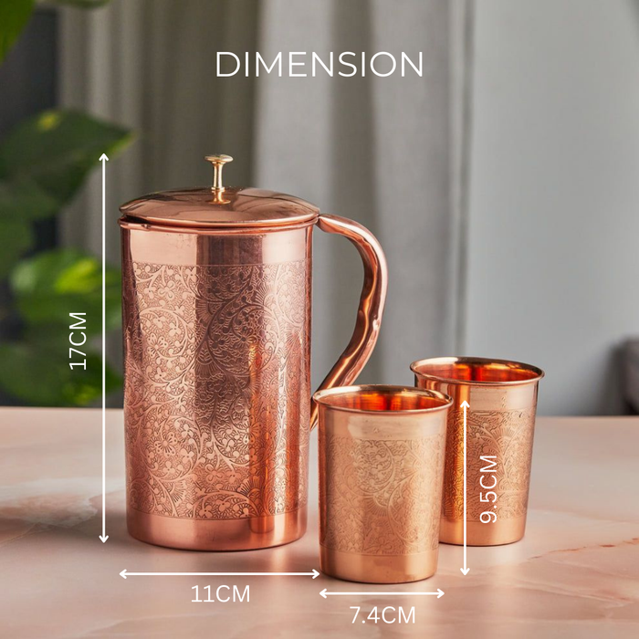 Ayurvedic Embossed 3-Piece Pure Copper Jug Set with Dimension