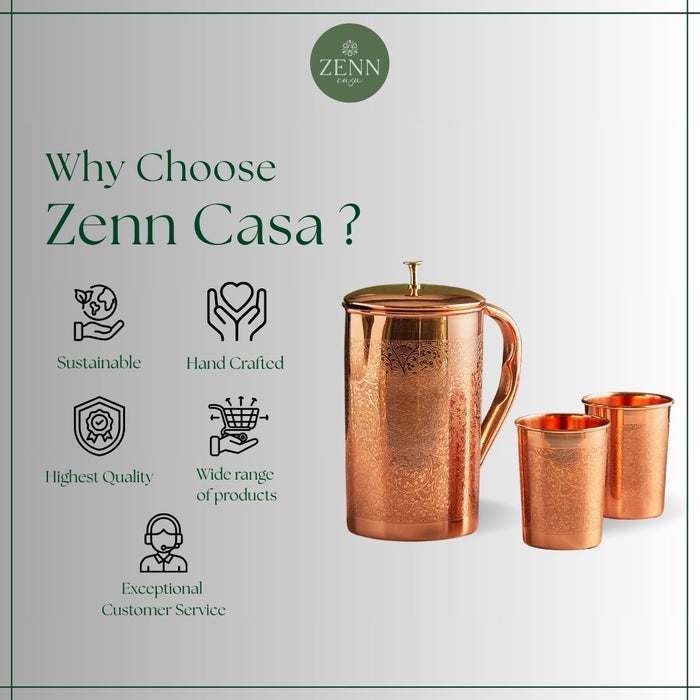 Copper jug set with two glasses showcasing features