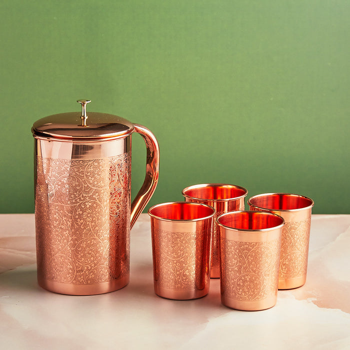 Ayurvedic Embossed 5-Piece Pure Copper Jug Set 1.5 L
