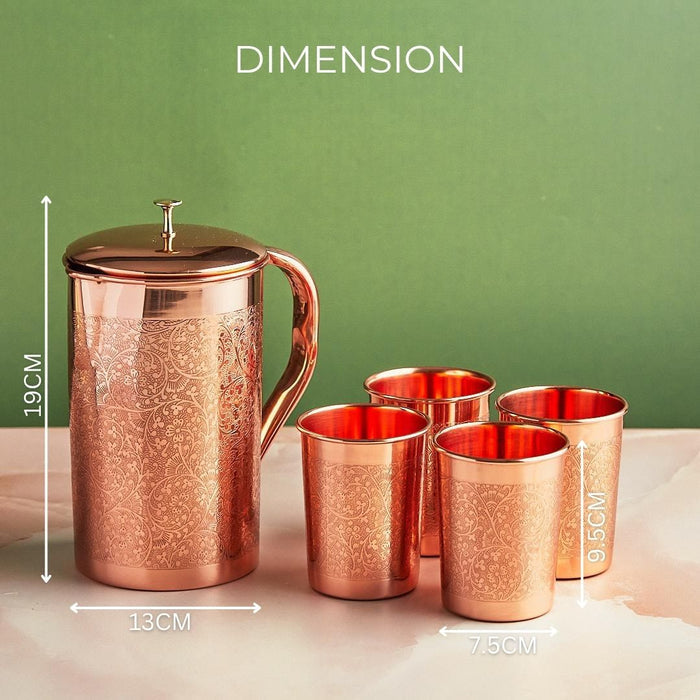 Ayurvedic Embossed 5-Piece Pure Copper Jug Set with Dimension
