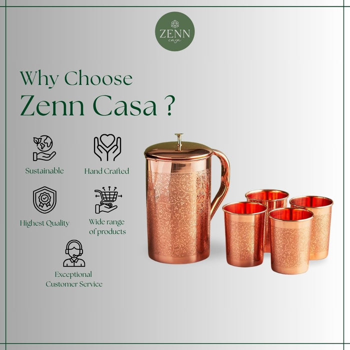Copper jug set with two glasses showcasing features