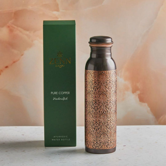 Black Engraved Ayurvedic Pure Copper Bottle 900 ML