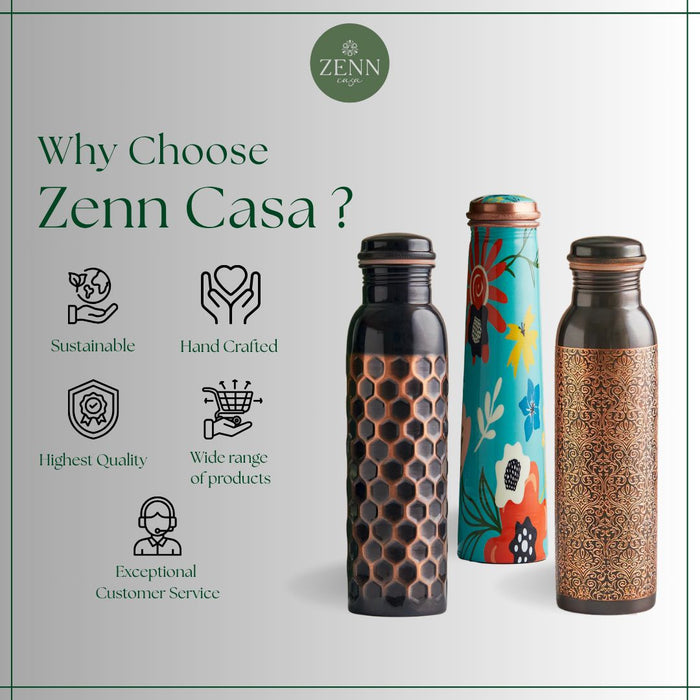 Three beautifully crafted copper water bottles with icons highlighting Zenn Casa's sustainable, handcrafted, and high-quality products.