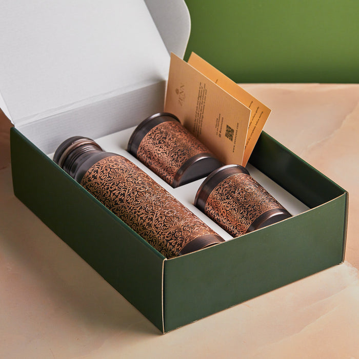 Black Engraved Pure Copper Bottle 900ml & Glass Set