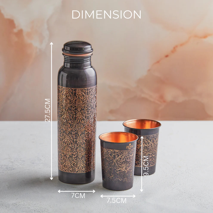 Three beautifully crafted copper water bottles with icons highlighting Zenn Casa's sustainable, handcrafted, and high-quality products.