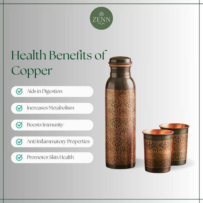 Copper water bottle and cups with health benefits listed on a gray background, featuring the Zenn brand.