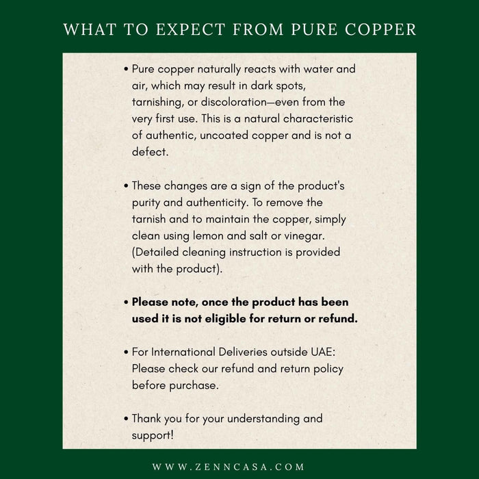Zenn Casa guide explaining natural copper tarnishing, care instructions
