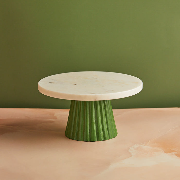 Classic White Marble Cake Stand with Green Pedestal | 8-Inches