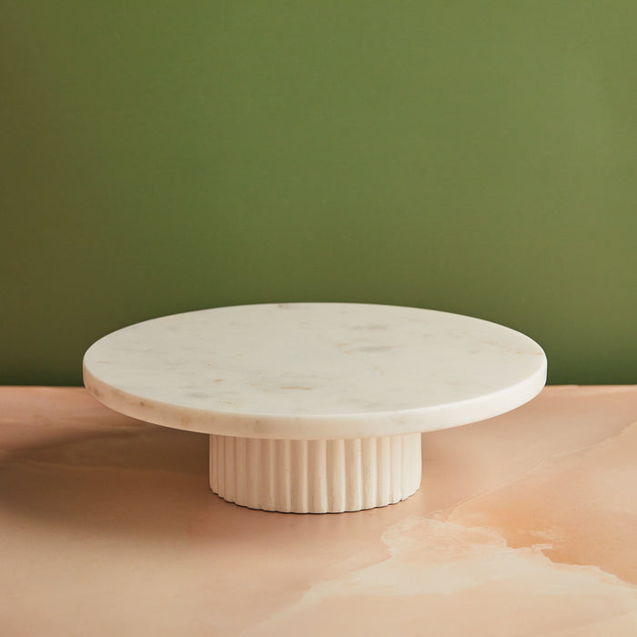 Classic White Marble Cake Stand with Wooden Base | 10 Inches