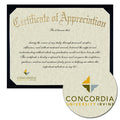 Concordia University Irvine Certificate of Appreciation