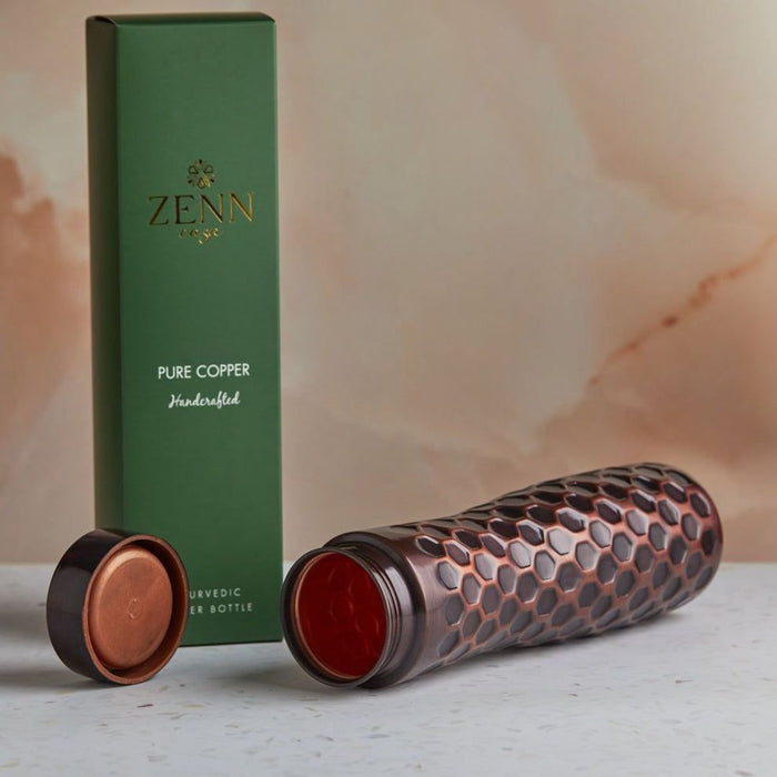 Hammered Heritage Ayurvedic Pure Copper Bottle 1L with green gift box and copper lid