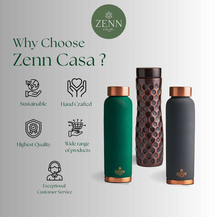 Copper water bottles with benefits listed