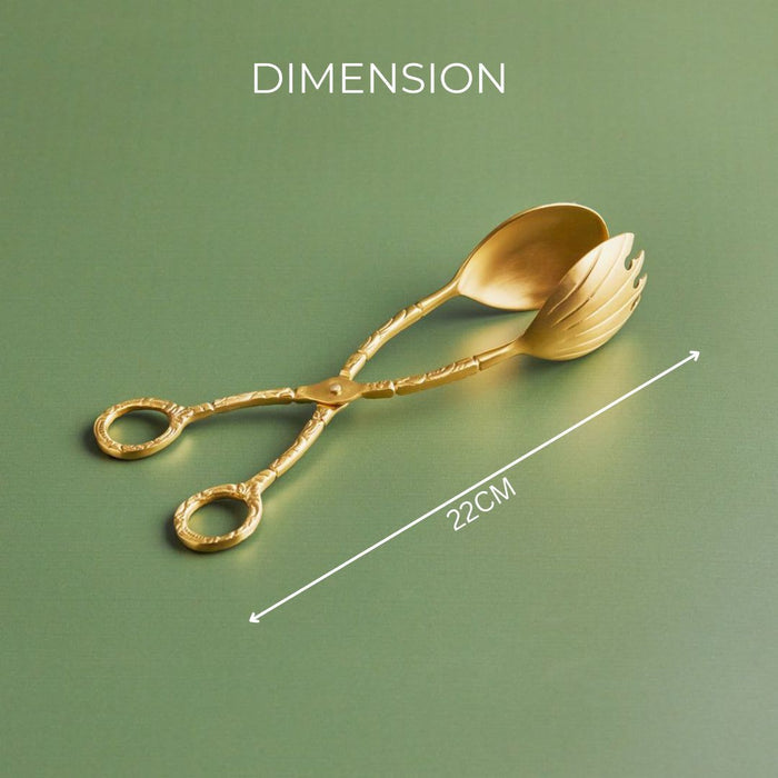 A pair of heirloom brass salad tongs with dimensions.