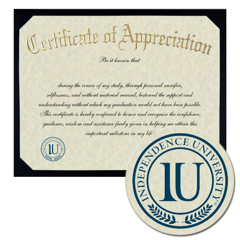Independence University - Texas Certificate of Appreciation