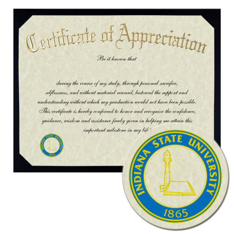 Indiana State University Certificate of Appreciation