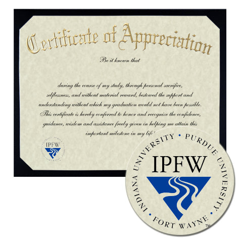 Indiana University - Purdue University Fort Wayne Certificate of Appreciation