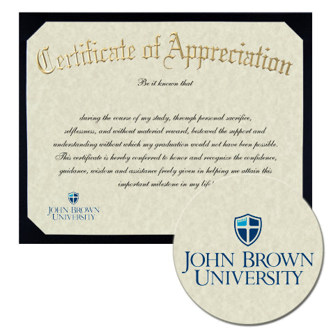 John Brown University Certificate of Appreciation