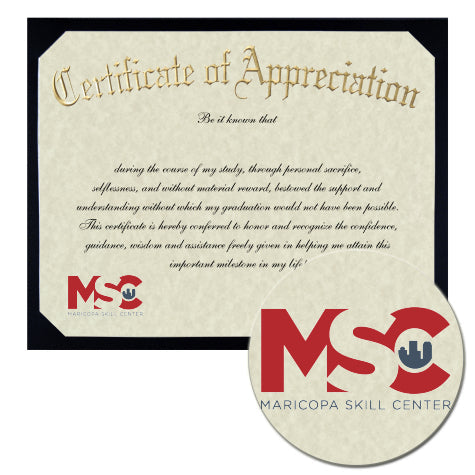 Maricopa Skill Center Certificate of Appreciation