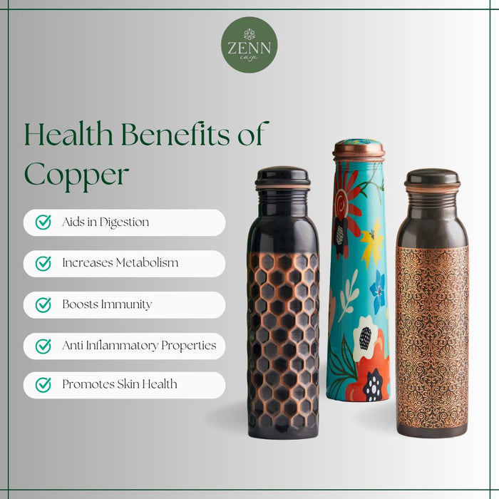 Copper-infused water bottles with health benefits listed on a Zenn India branded background.