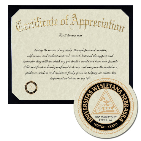 Nebraska Wesleyan University Certificate of Appreciation