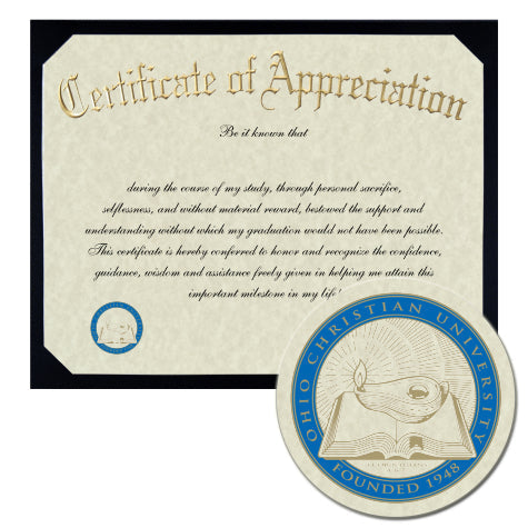 Ohio Christian University Certificate of Appreciation