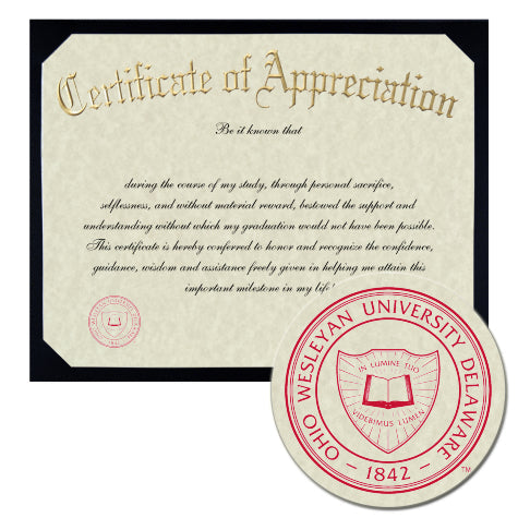 Ohio Wesleyan University Certificate of Appreciation
