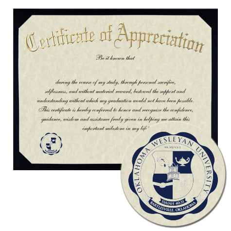 Oklahoma Wesleyan University Certificate of Appreciation
