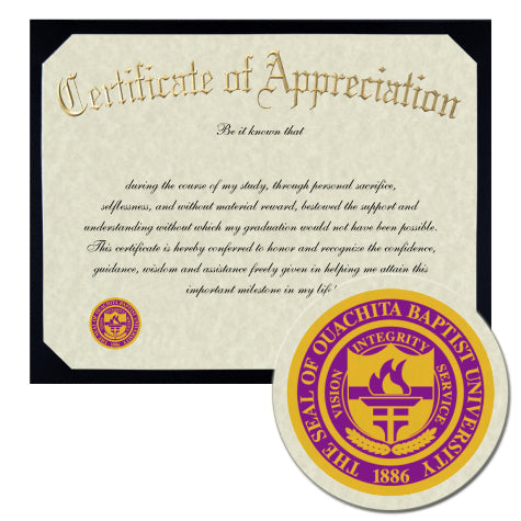 Ouachita Baptist University Certificate of Appreciation