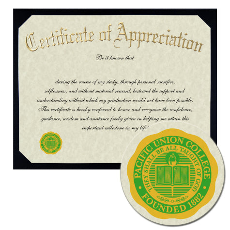 Pacific Union College Certificate of Appreciation