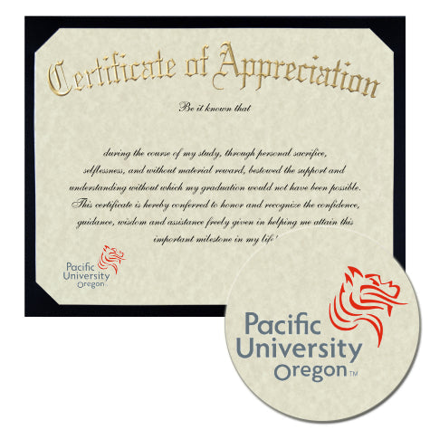 Pacific University Certificate of Appreciation