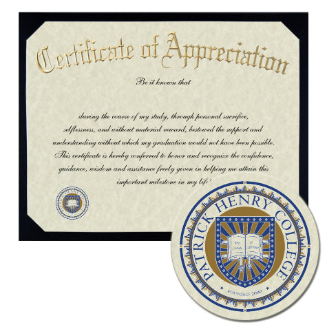 Patrick Henry College Certificate of Appreciation