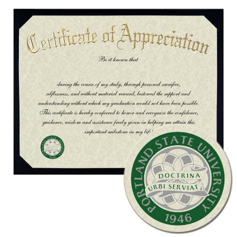 Portland State University Certificate of Appreciation