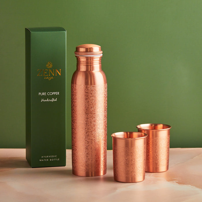 Premium Embossed Pure Copper Bottle 900ml & Glass Set