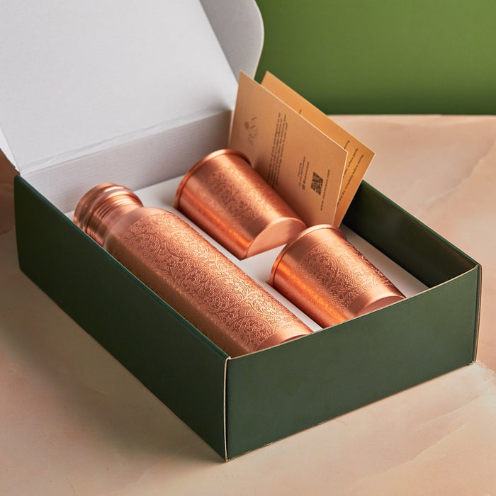 Premium Embossed Pure Copper Bottle 900ml & Glass Set
