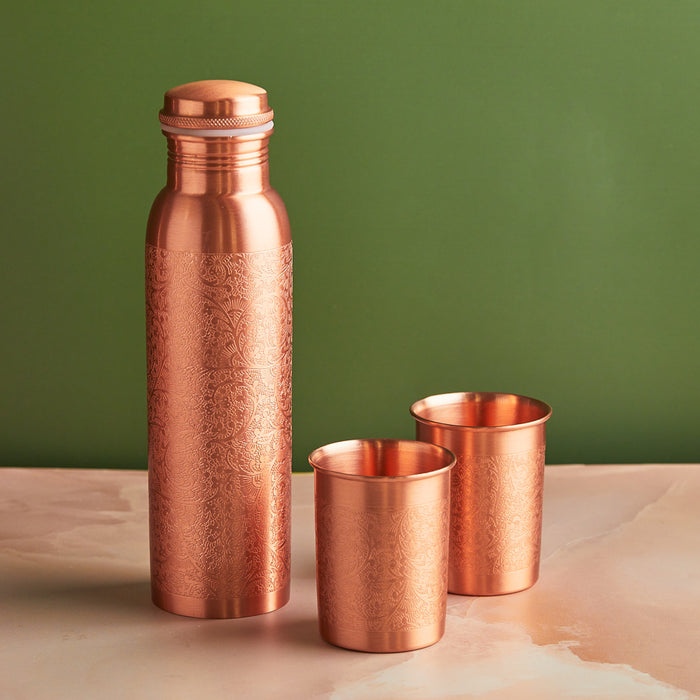 Premium Embossed Pure Copper Bottle 900ml & Glass Set