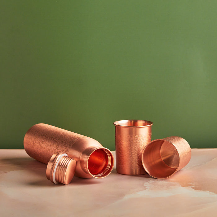 Premium Embossed Pure Copper Bottle 900ml & Glass Set