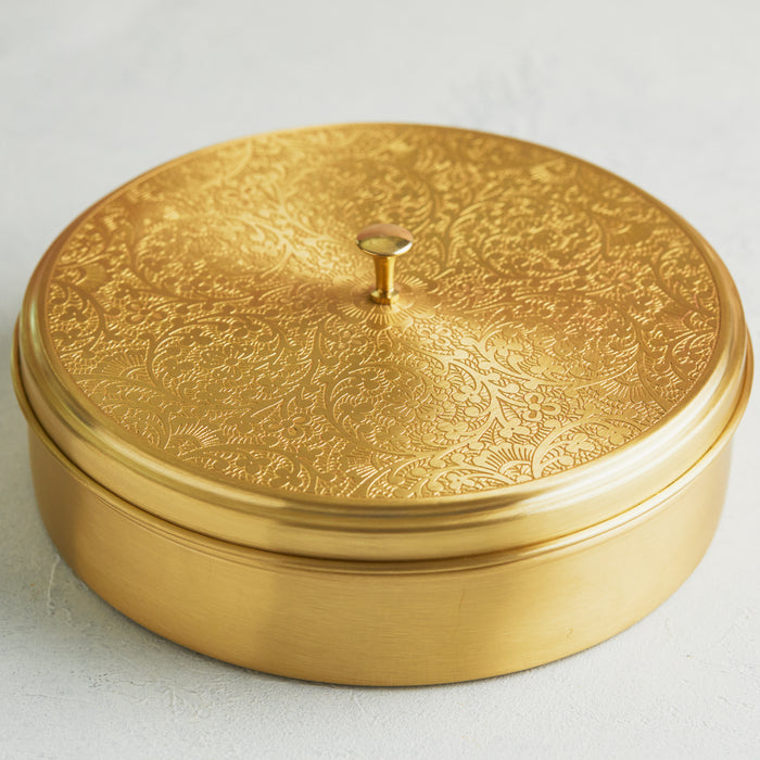 Premium Handcrafted Pure Brass Masala Spice Box – Embossed Design (8 Inches)