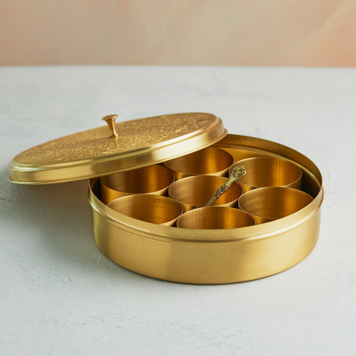 Premium Handcrafted Pure Brass Masala Spice Box – Embossed Design (8 Inches)