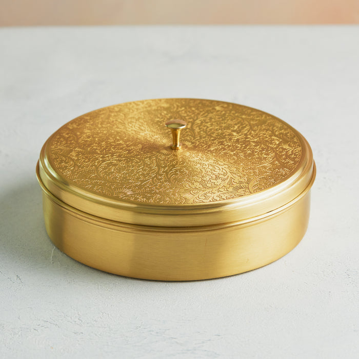 Premium Handcrafted Pure Brass Masala Spice Box – Embossed Design (8 Inches)