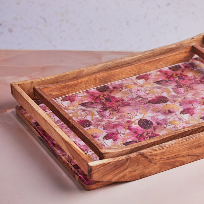 Scarlet Blossom Luxe Wooden Tray - A Set of 2