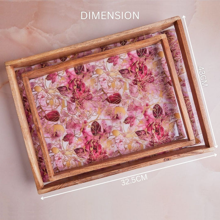 Scarlet Blossom Luxe Wooden Tray - A Set of 2