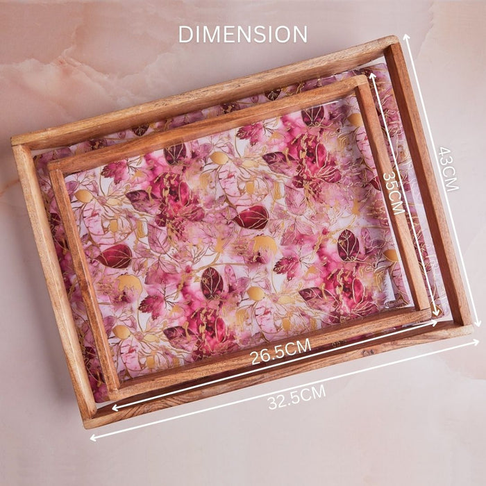 Scarlet Blossom Luxe Wooden Tray - A Set of 2