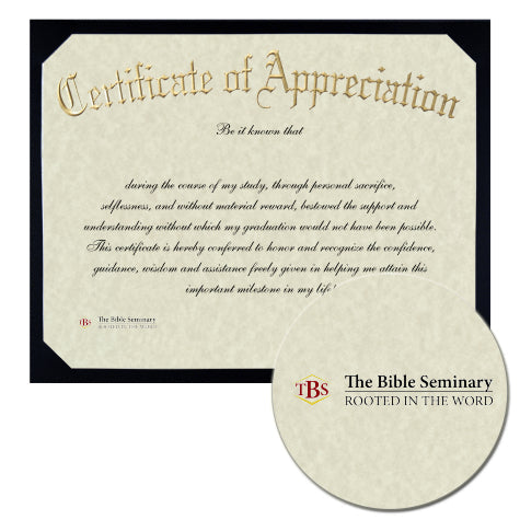The Bible Seminary Certificate of Appreciation