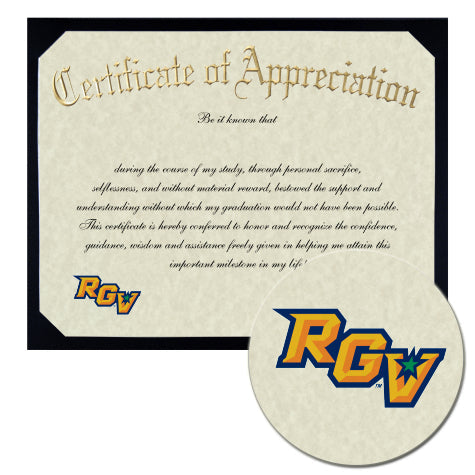 The University of Texas Rio Grande Valley Certificate of Appreciation