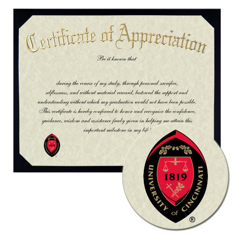 University of Cincinnati Certificate of Appreciation