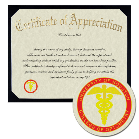University of Houston College of Optometry Certificate of Appreciation