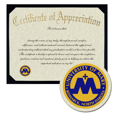 University of Mary Certificate of Appreciation